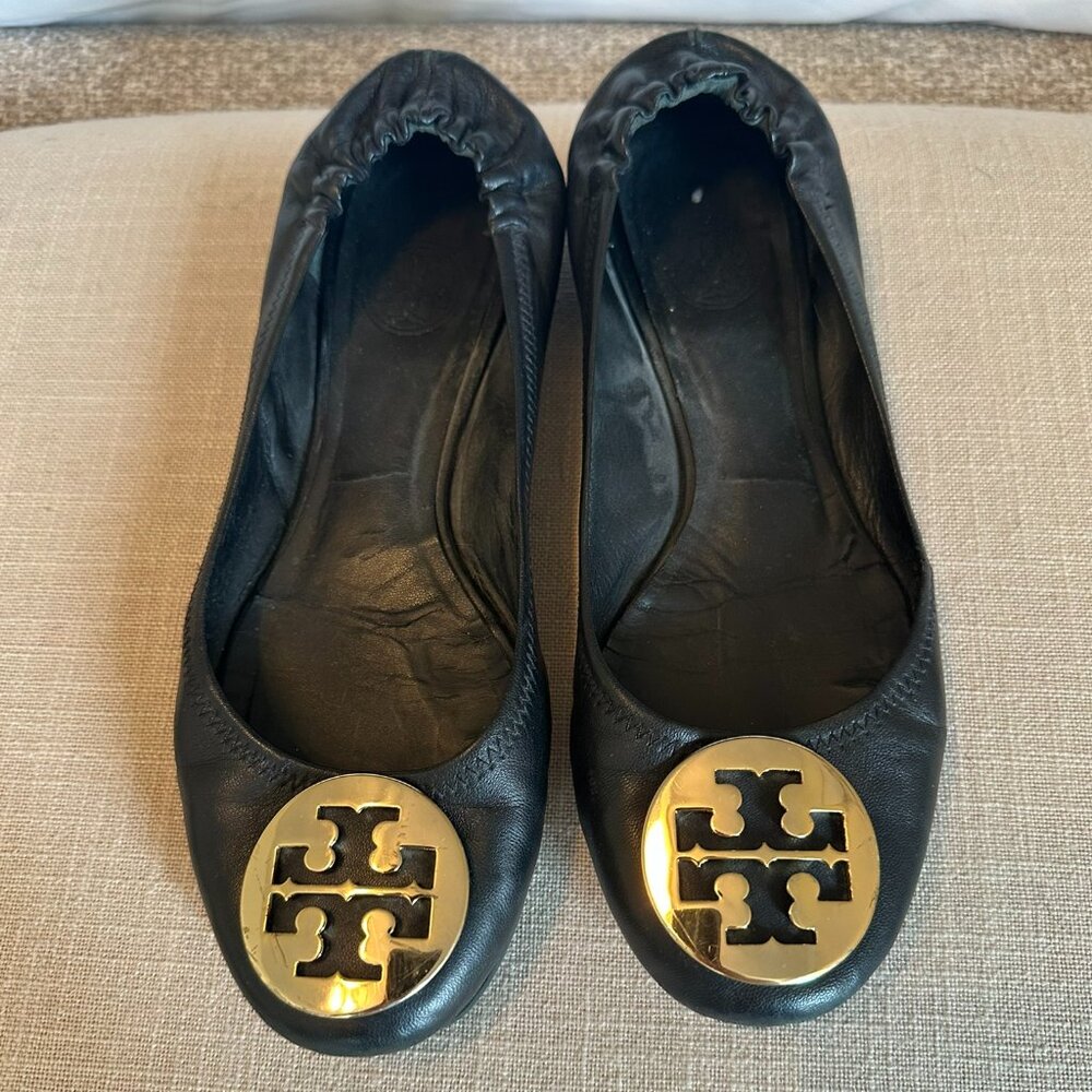 Tory Burch Reva Black Leather Gold Flats, Womens 8